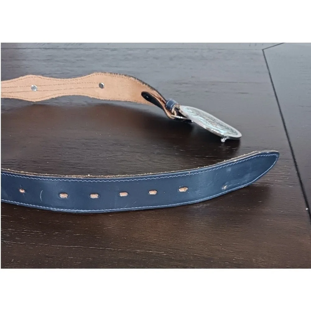 Moose Buckle Leather Belt Men's 34 Blue Western Made USA Novelty Hunting